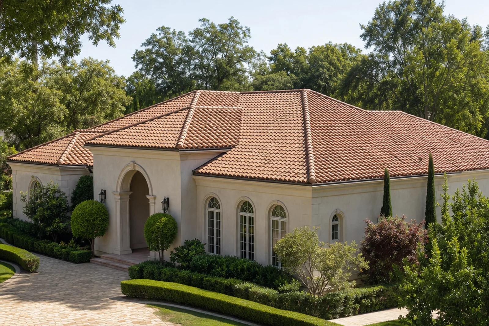 Terracotta barrel-tile roof on a Mediterranean-style home beneath mature broadleaf trees.