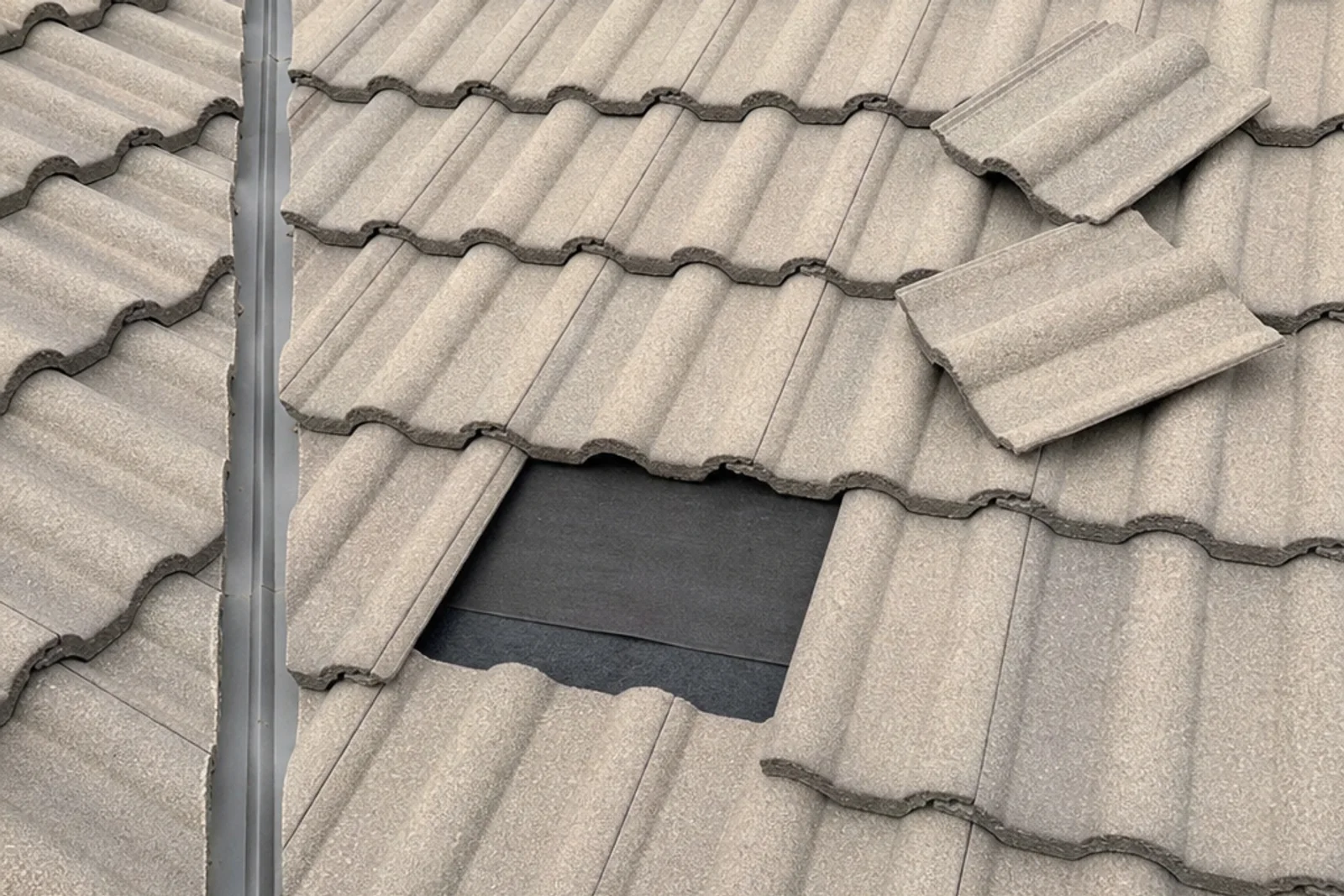 Removed concrete tiles beside exposed underlayment and a metal roof valley.