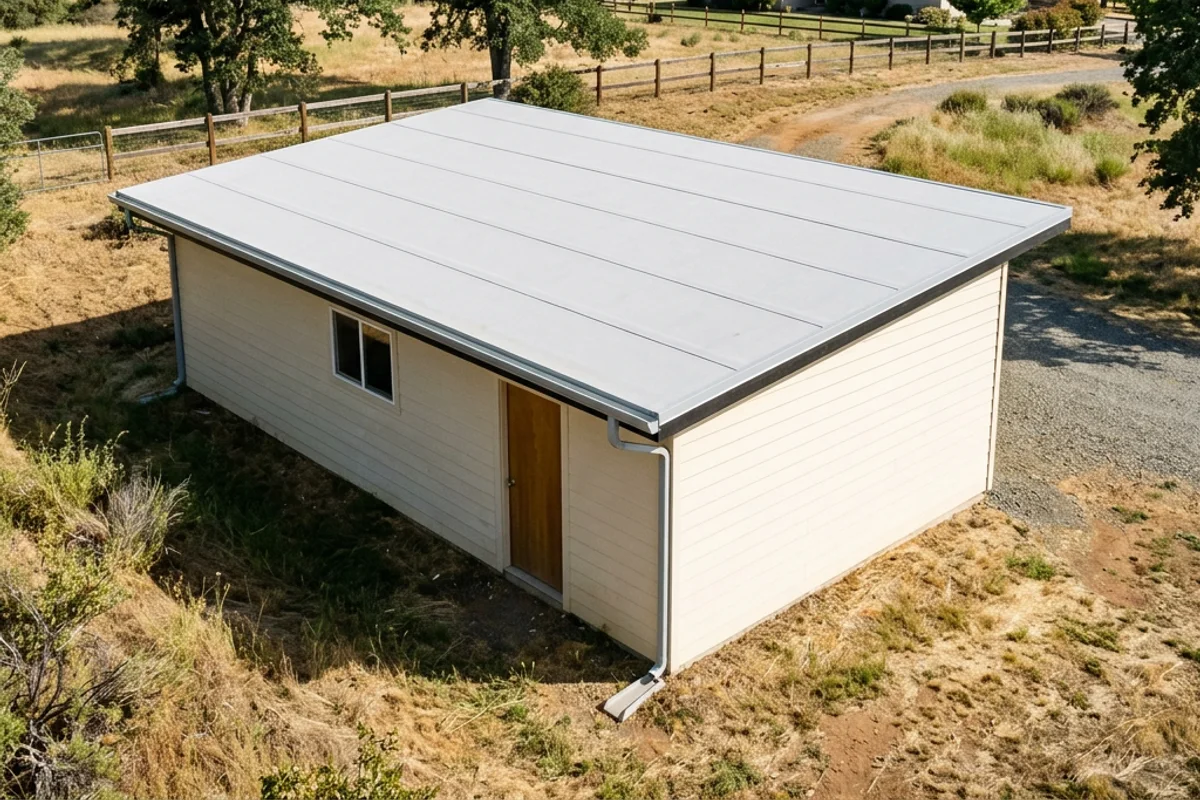 Light-gray low-slope membrane roof on a detached workshop beside oak trees and a fenced yard.